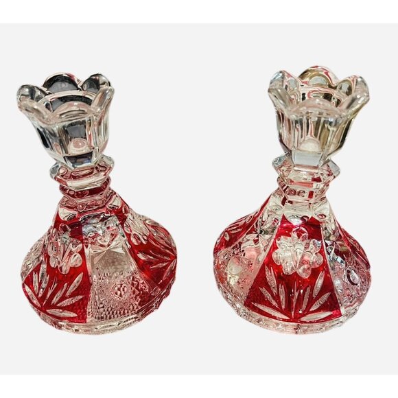 Fifth Avenue 24% Lead Crystal Rosaline Candle Holders Ruby 5” Beautiful Pair - Picture 1 of 3